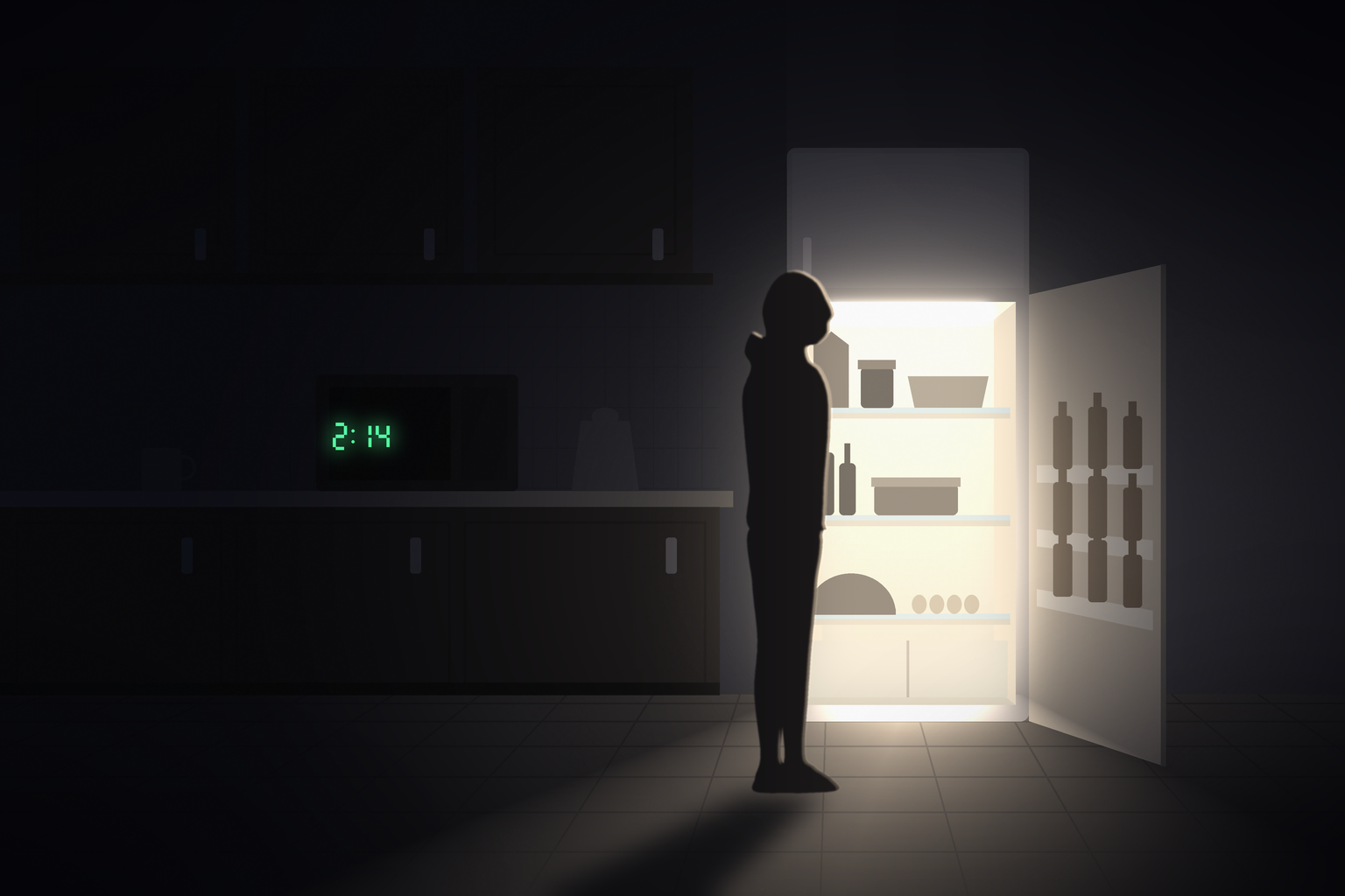 Someone standing in a dark kitchen at 2:14 AM, just staring into the open fridge. The only light on in the house.