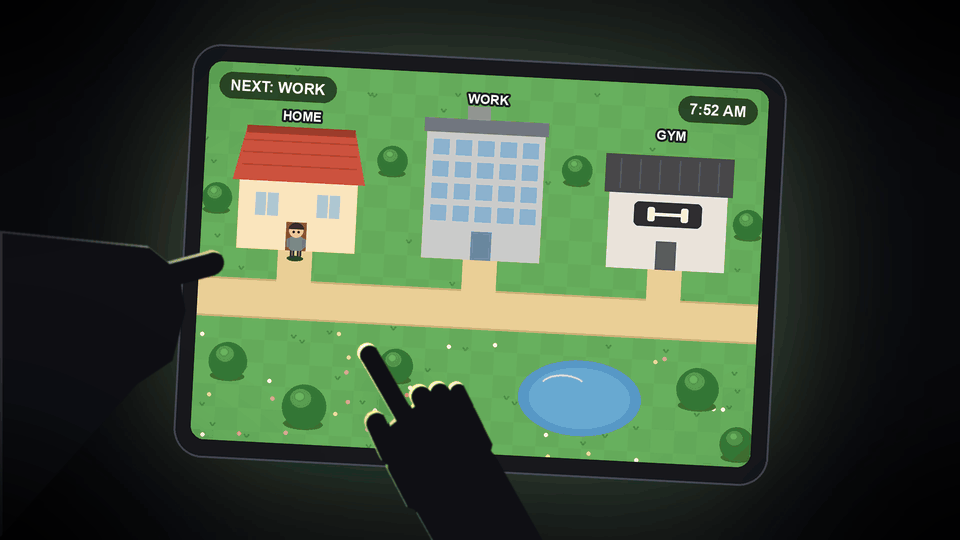 Somebody on an iPad in the dark, tapping the screen. A tiny guy in a hoodie walks to work, then the gym, then home, and the clock jumps with every tap.