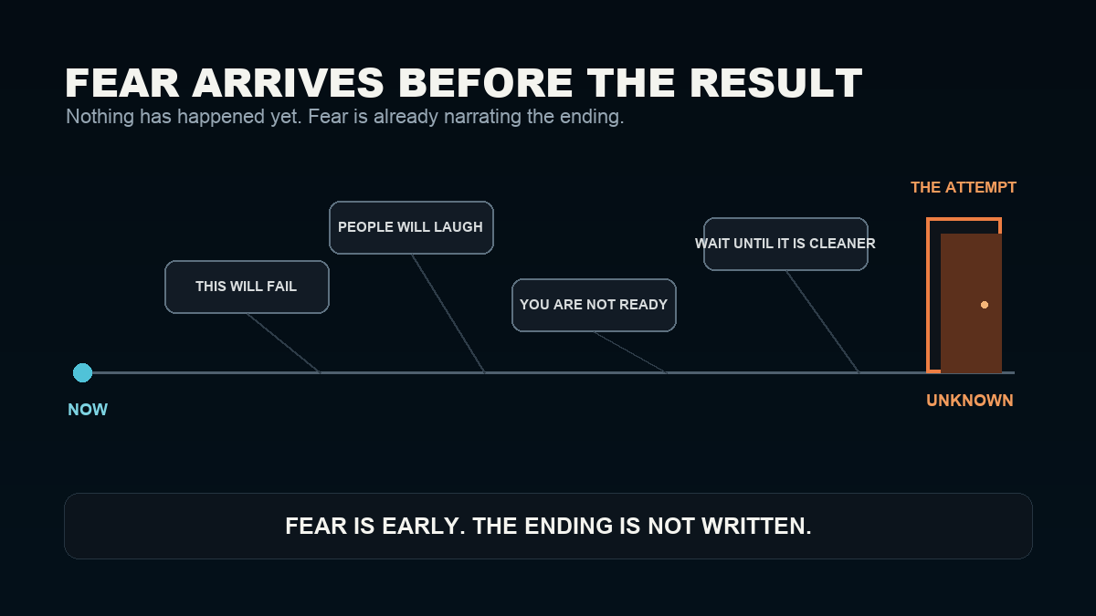 A timeline showing fear narrating failure before the attempt has happened, ending at a still-unknown door.