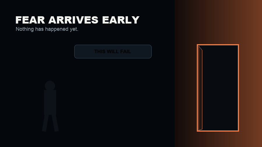 An animated dark hallway where fear's predictions appear before a glowing door opens, revealing that the ending has not been written.