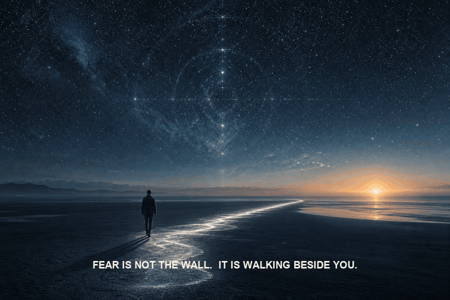 A person walking beside their shadow along a luminous path beneath a star field toward a distant sunrise.