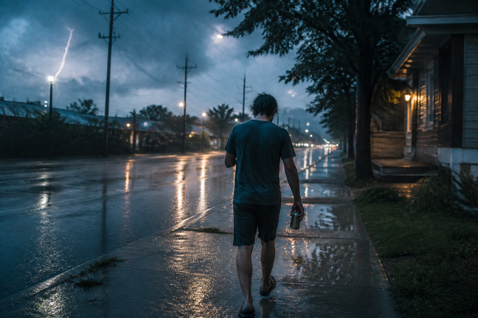 Walking outside in a thunderstorm with the optional beer power-up.