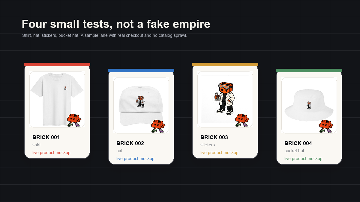 Four live Brick product mockups arranged as small public tests.