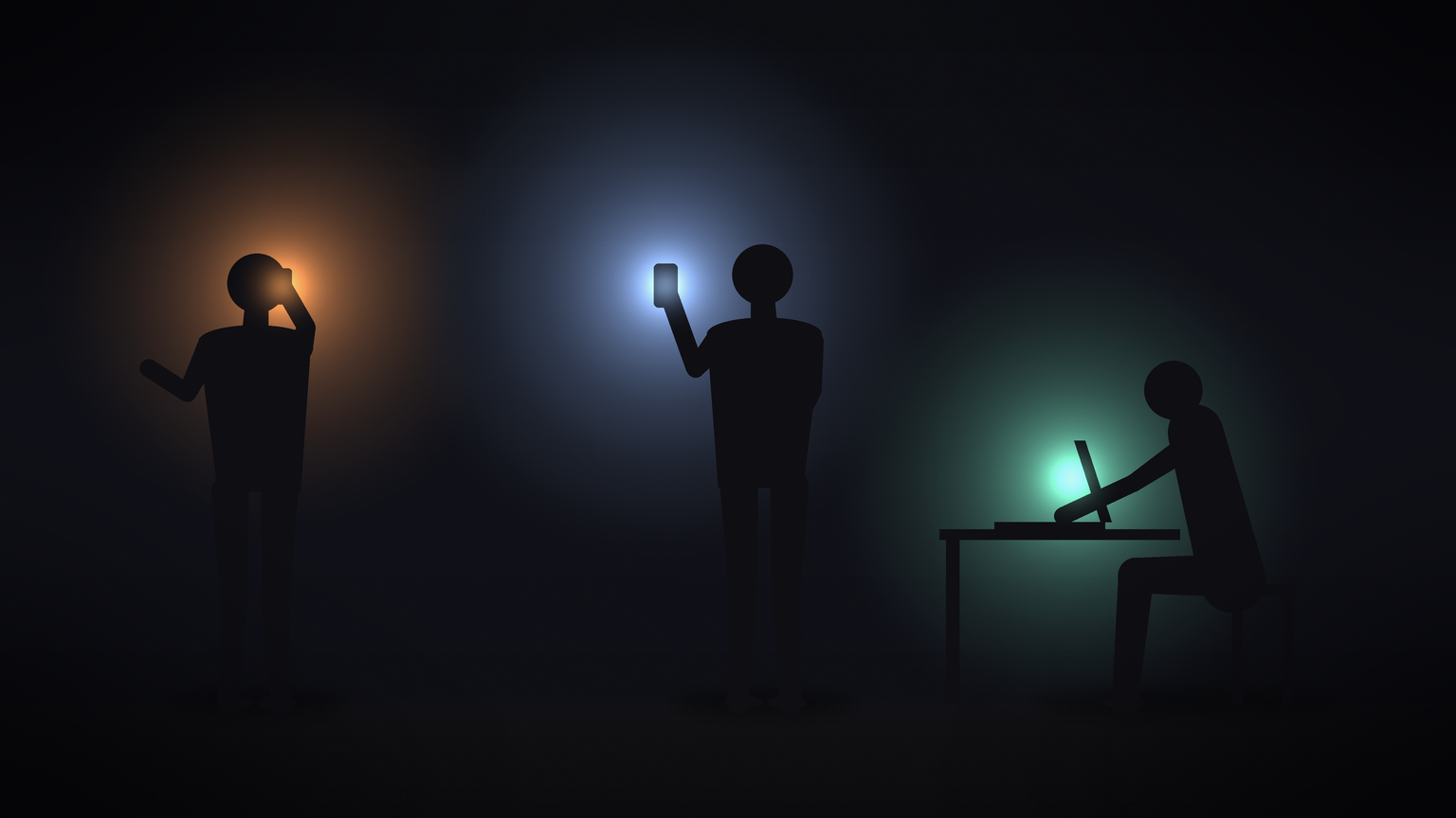 Three people standing next to each other, each one lit only by their own screen.