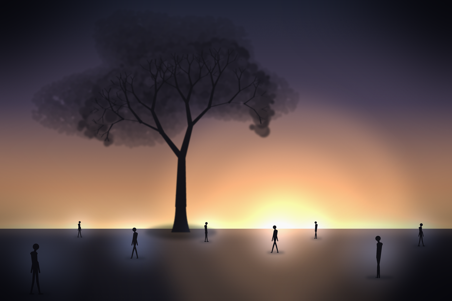 The tree everyone walks past, and everyone walking past it inside their own little bubble of light.