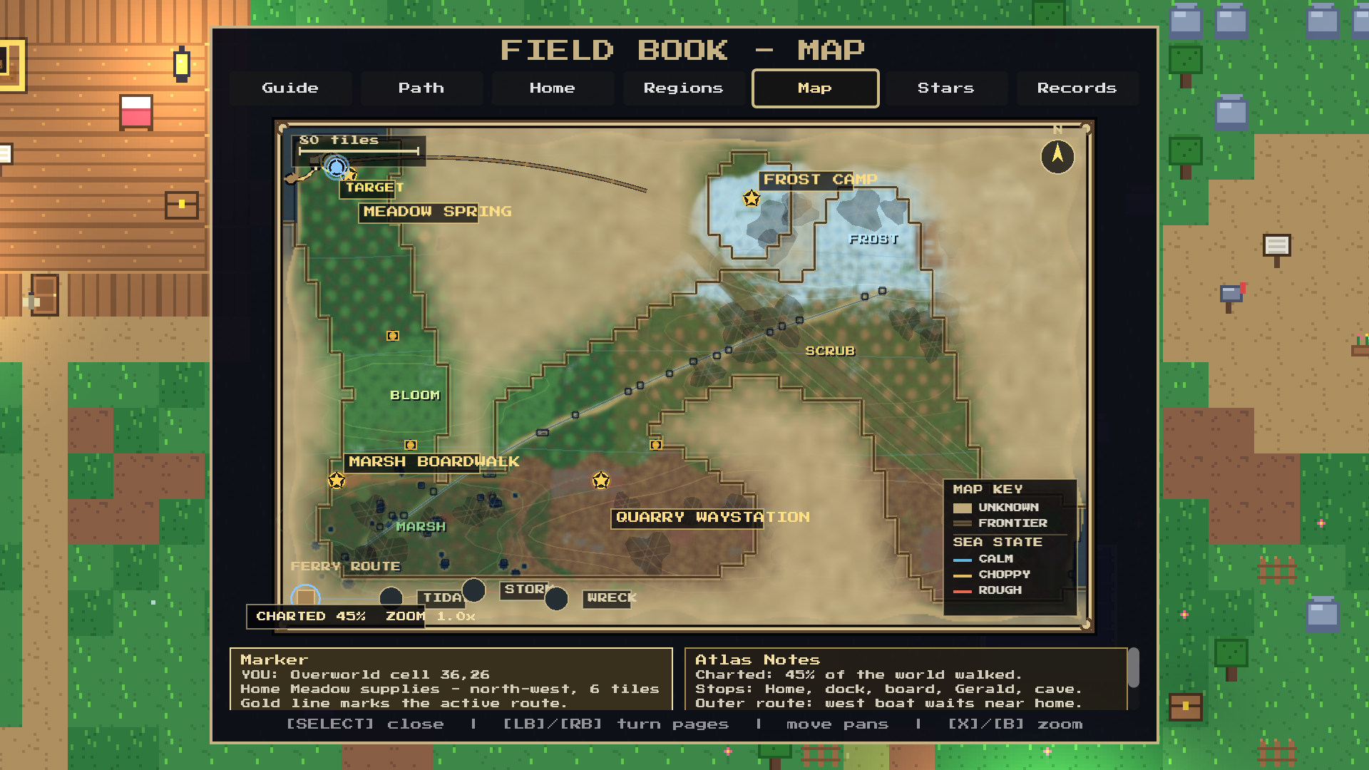 The Field Book map with regions, route lines, coast, fog, and frontier.