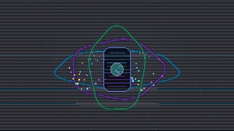 An abstract animated closing signal: a dark neural portal with orbiting neon traces and digital noise.