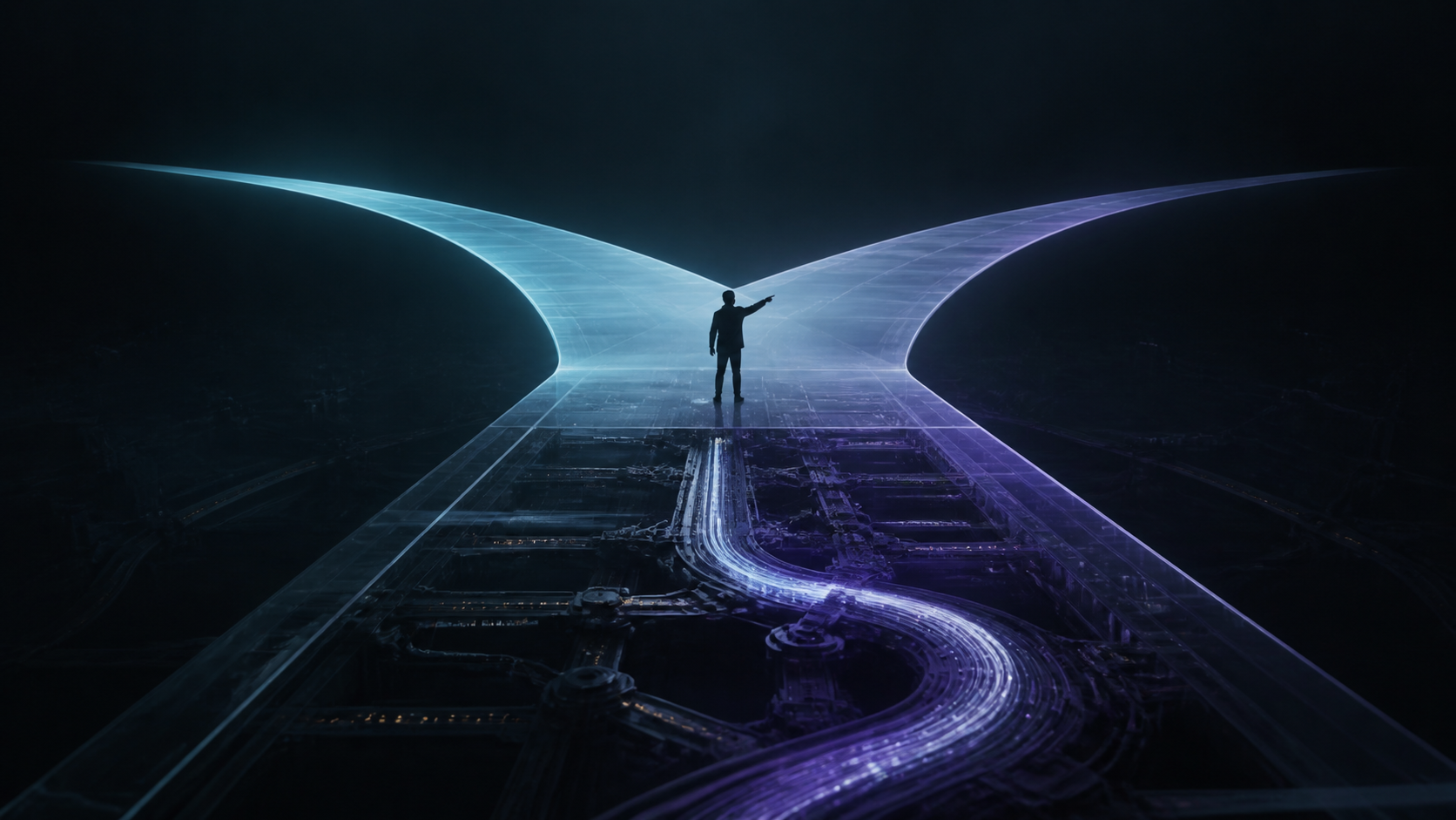 A figure chooses one path while hidden machinery routes the signal underneath.