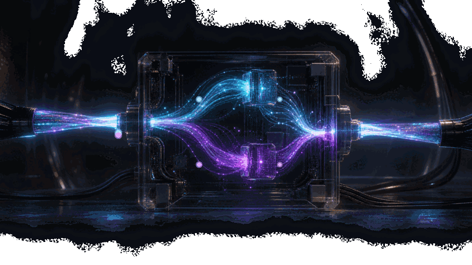 One visible signal splits into two hidden processing routes before returning as one output.