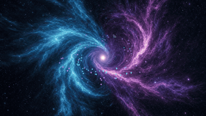 Two luminous currents of light, one cyan and one violet, circling a single still bright center in opposite directions. The drive to seize everything and the urge to just let it be, winding around each other, neither one winning.