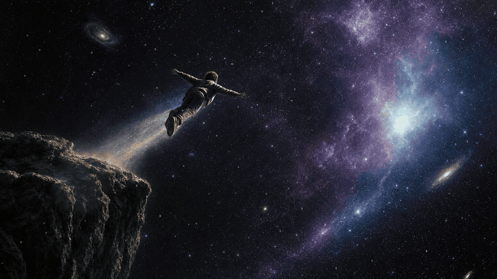 A small figure leaps off a cliff edge out into an enormous field of stars, trailing light behind it. The bet you make with your only time, caught mid-jump, before you know whether it lands.