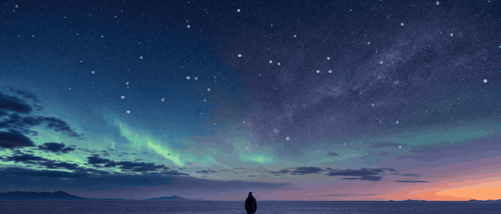 A lone figure stands perfectly still on a vast empty plain while the entire sky wheels overhead, dusk bleeding into night and back into dawn, a thin thread of light tracing across the ground and fading. The time passes either way.