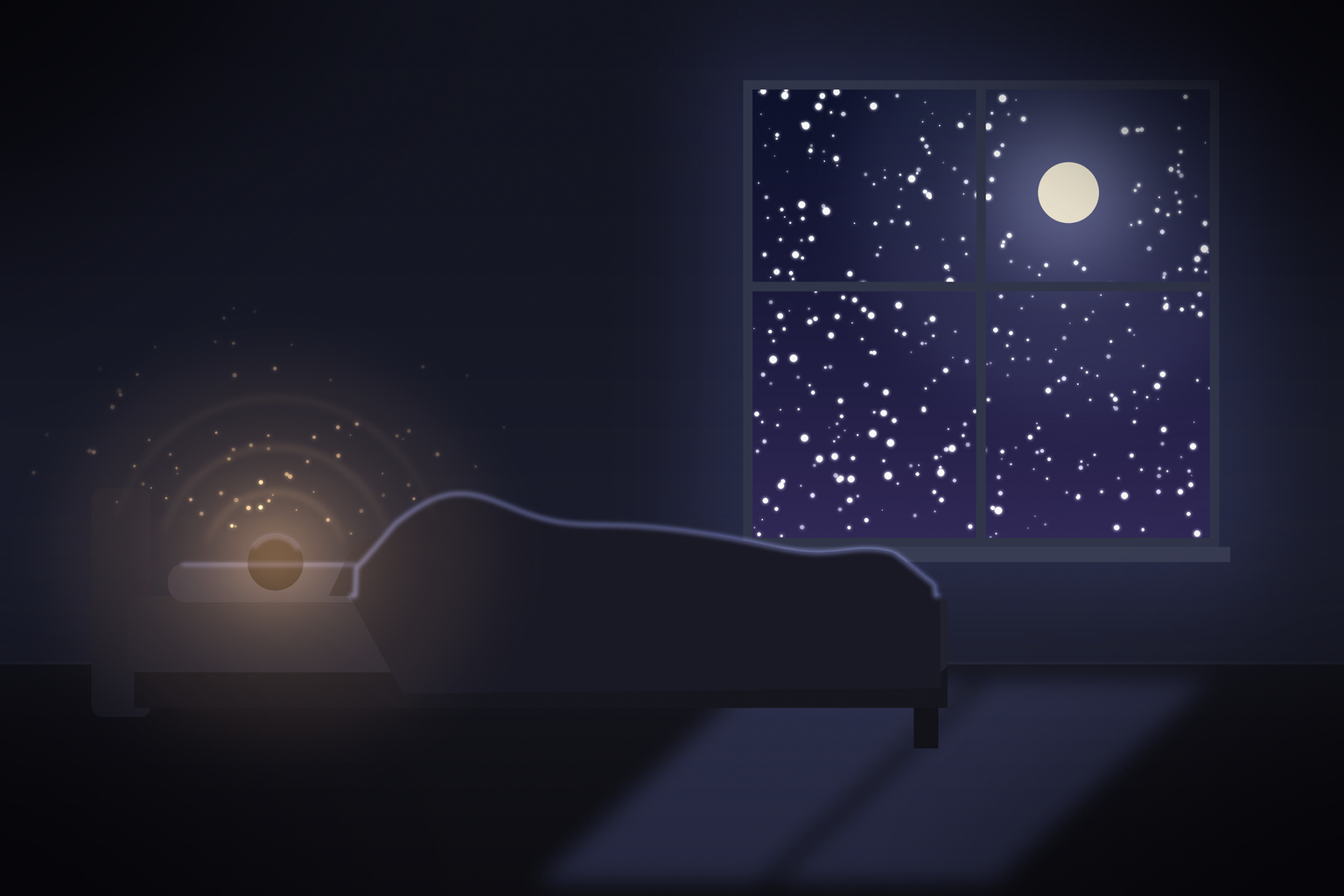 Someone asleep in a dark room. The window is full of stars, the body is switched off, and something up in the head is still glowing.