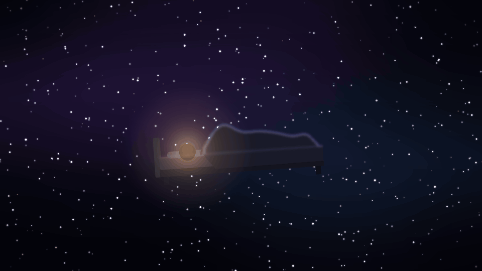 A bed floating in a huge dark starfield with a tiny glow where the head is. Eight hours, gone, and nobody in there.