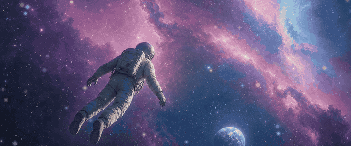 A lone figure floats weightless and at ease in deep space, arms loose, drifting through a warm violet and cyan nebula scattered with stars, a small blue Earth far below. Nothing is being reached for. The figure is just letting the vastness hold them, and it turns out that's all right.
