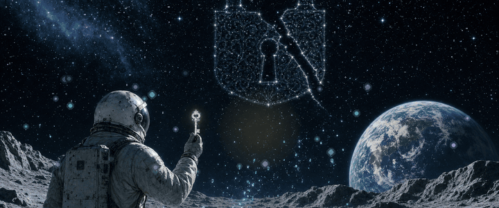 An astronaut on the lunar surface holds up a glowing chrome key, looking at a constellation in the shape of a cracked padlock that hangs over Earth. Encrypted cipher fragments drift up from the dust like fireflies. The safety thread of cyan light that should have caught the unverified token never quite arrived.