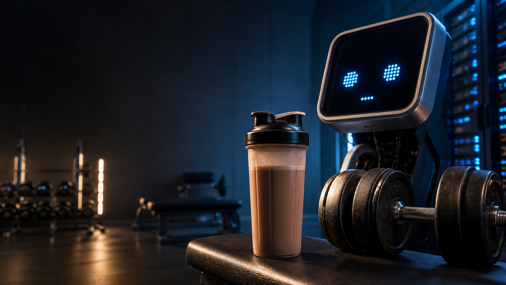 A protein shake on a gym bench beside a dumbbell while a small AI terminal looks at it from the background.