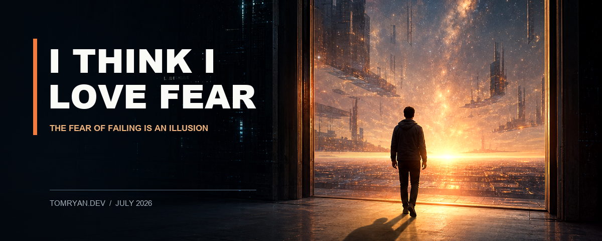 A lone person walking through a dark threshold into an enormous machine-lit horizon, with their shadow traveling beside them.