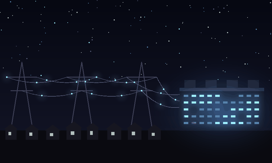 Power running down the lines into one glowing building while the houses around it flicker and go dark.