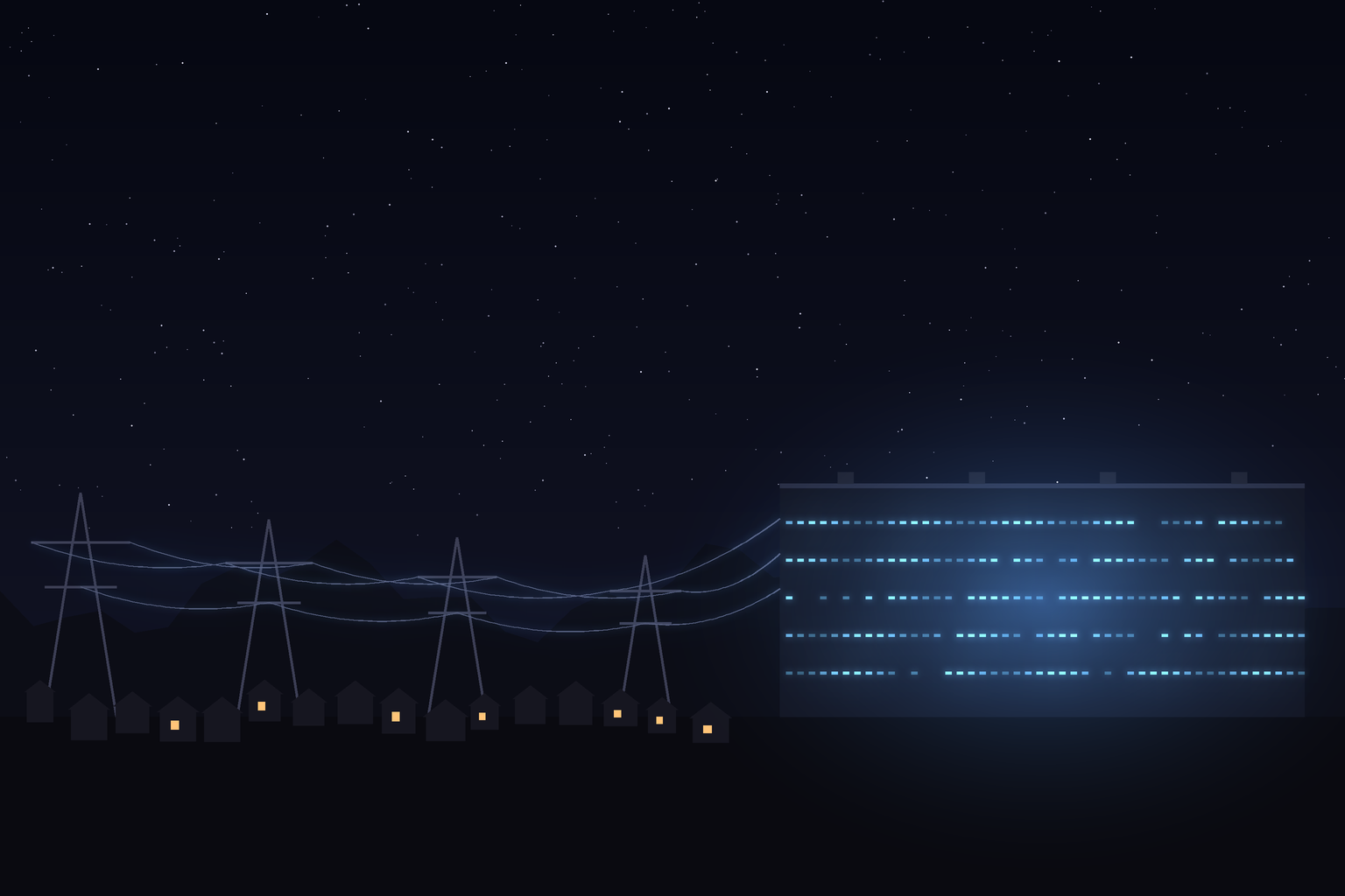 A huge data center glowing at night on the edge of a dark town. Every power line in the valley runs into it.