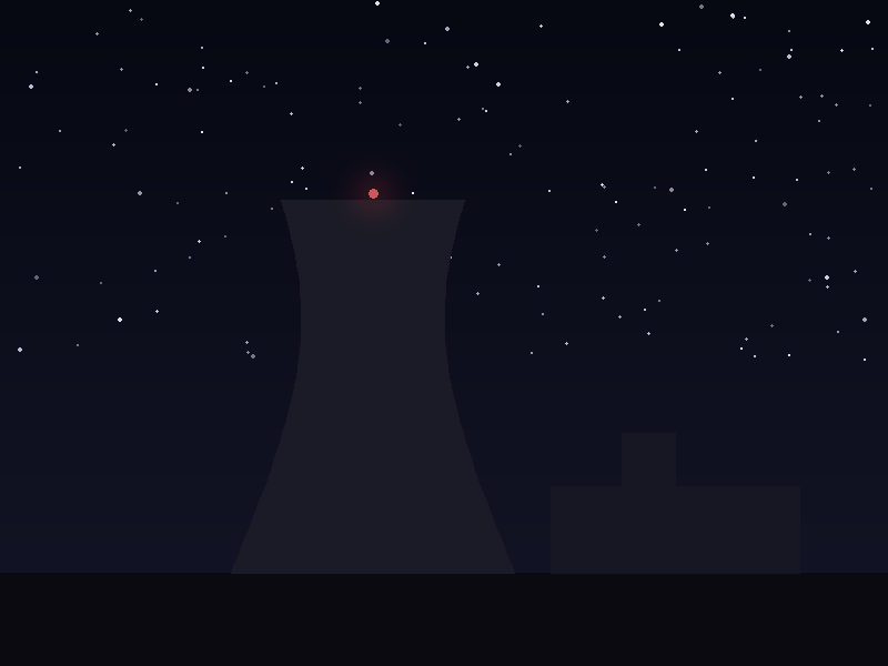 A cooling tower at night, dead and dark, and then the steam starts rolling out of it again.